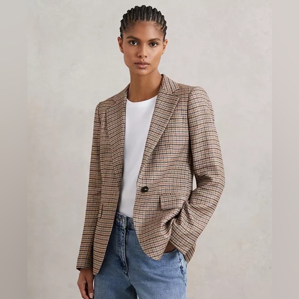 REISS Women's River Check Single-Breasted Blazer Neutral Size 2 NWOT -button off